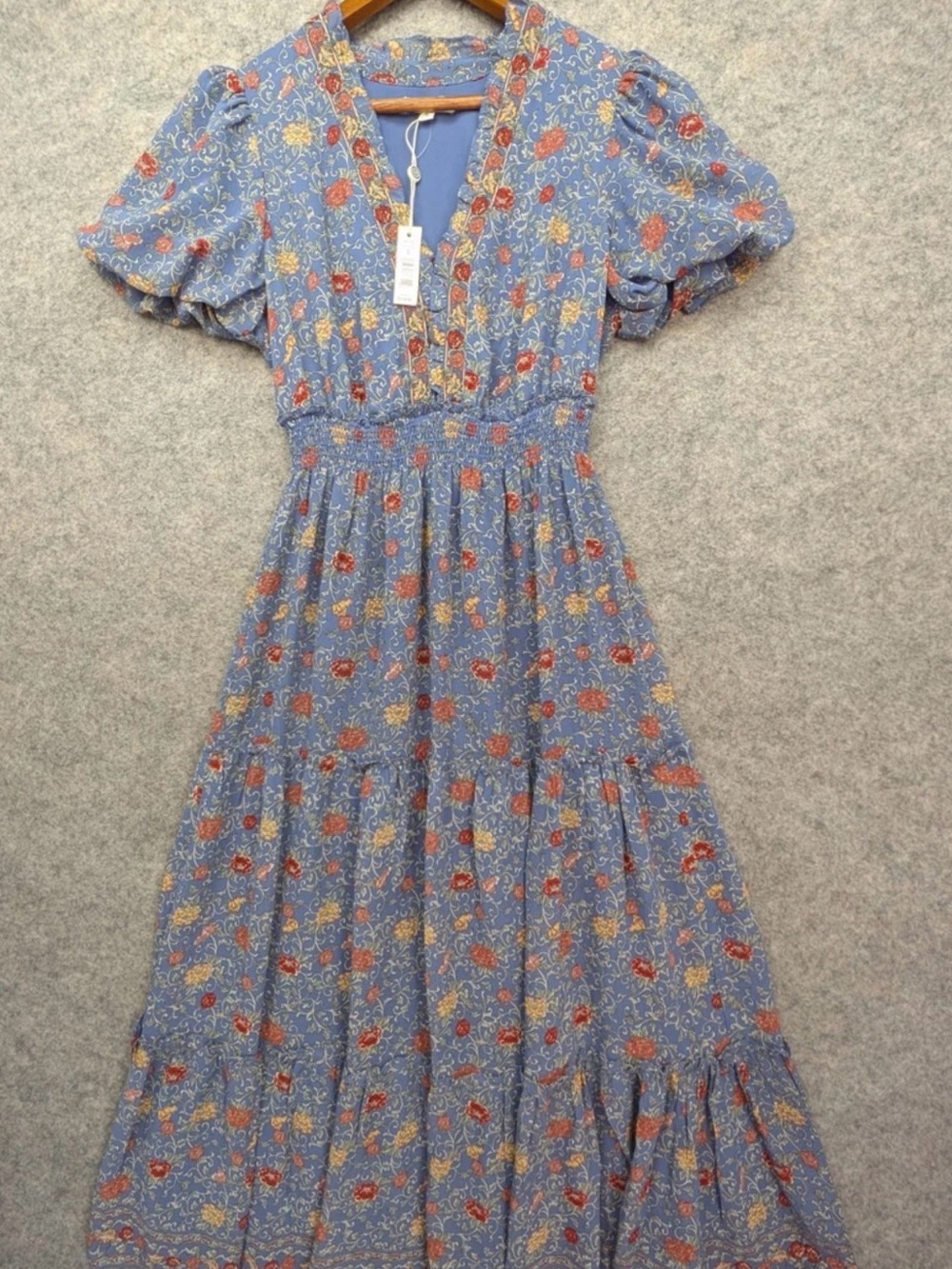 Max Studio Blue Floral V-Neck Maxi Dress with Puff Sleeves